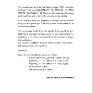 Toyota 3-Way Catalytic System 7FGU15 to 7FGCU70 Repair Manual