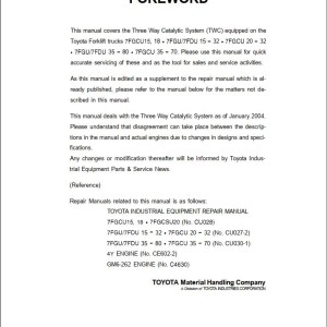 Toyota 3-Way Catalytic System 7FGU15 to 7FGCU70 Repair Manual 2004 to Present