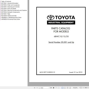 Toyota 6BWC10 to 6BWC20, 6BWS11 to 6BWS20, 6BWR15 Service Manual & Parts Catalog